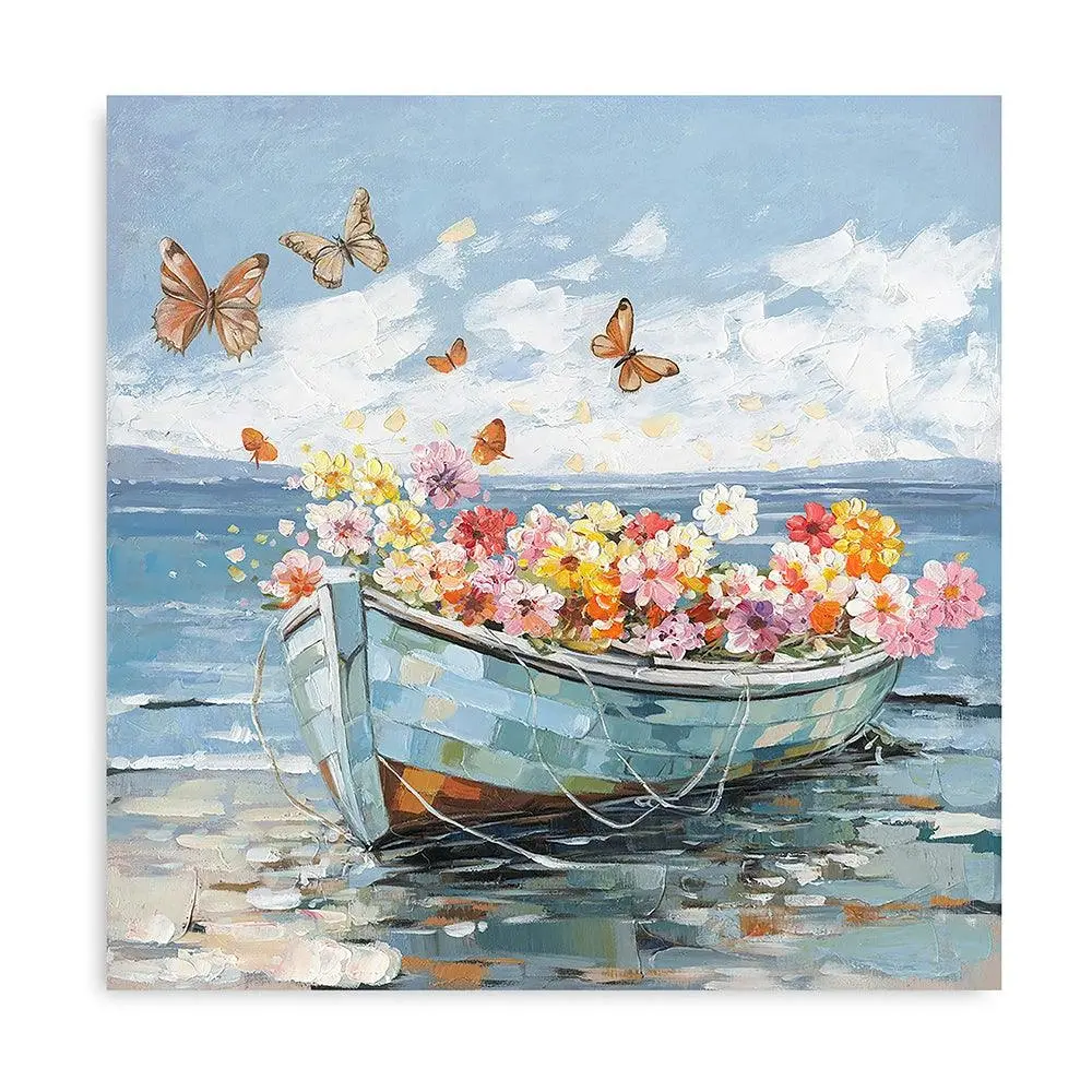 Boat with Flower and Butterflies Canvas Print - Home & Garden