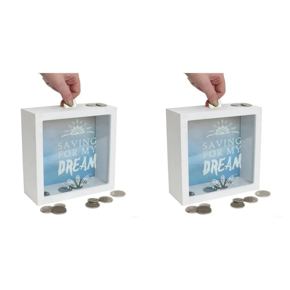 2x Splosh Saving For My Dream Fund Wood Change Box Storage 18x18cm Square White - Hobbies