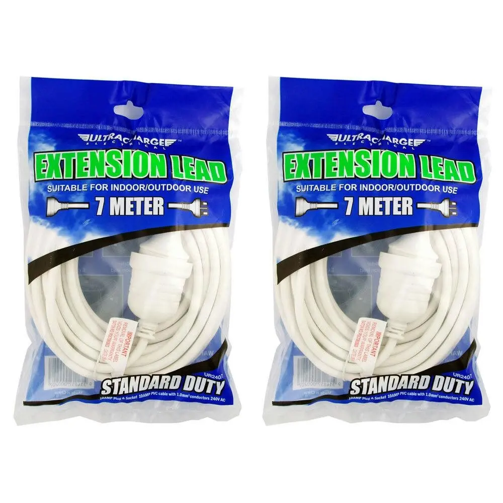 2x UltraCharge Extension Lead 7m Cable Cord Suitable for Indoor/Outdoor Use WHT - Electronics