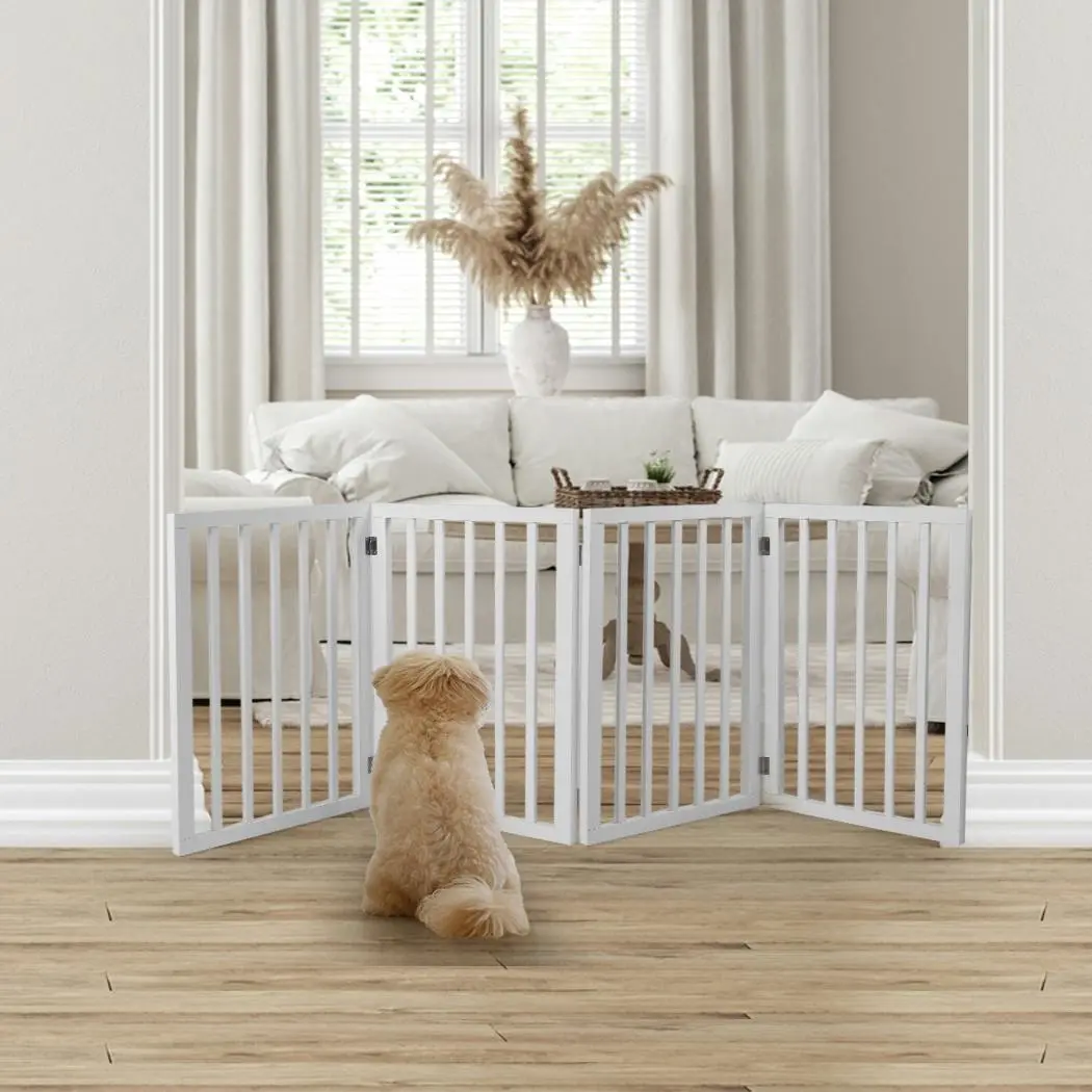 Wooden Pet Gate Dog Fence Retractable Barrier Portable Door 4 Panel White - Pets