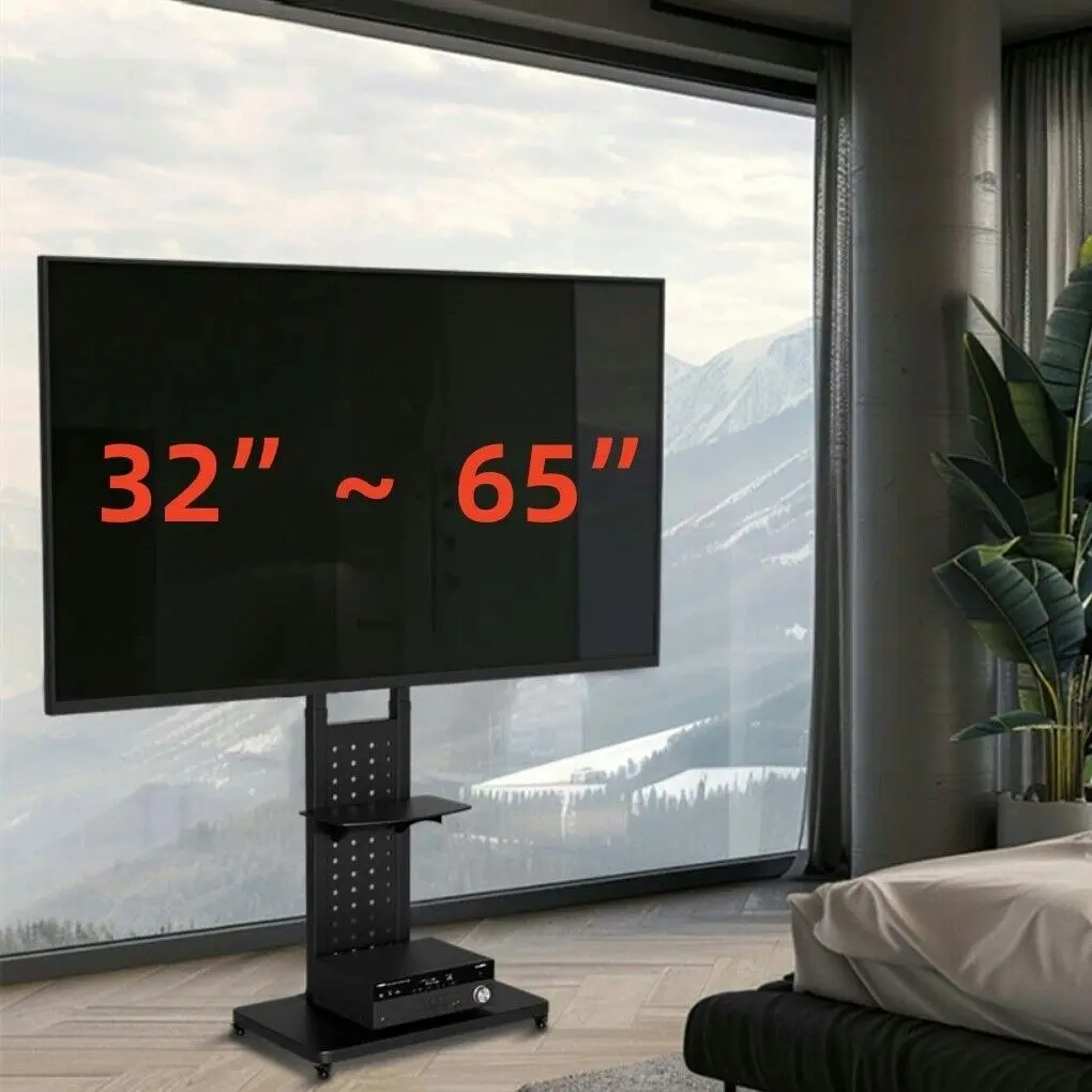Fin 32''-65'' Mobile Tv Floor Stand Heavy Tv Mount Stand On Wheels W/ Storage Shelf