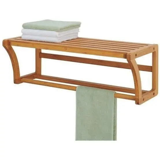 Wall-Mounted Bamboo Towel Rack with Shelf for Bathroom Storage