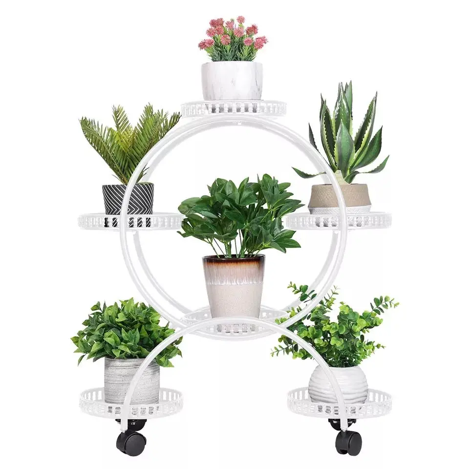Fin White Metal Plant Stand 4 Tier 6 Pots Flower Pot Holder On Wheels Garden Balcony - Home & Garden