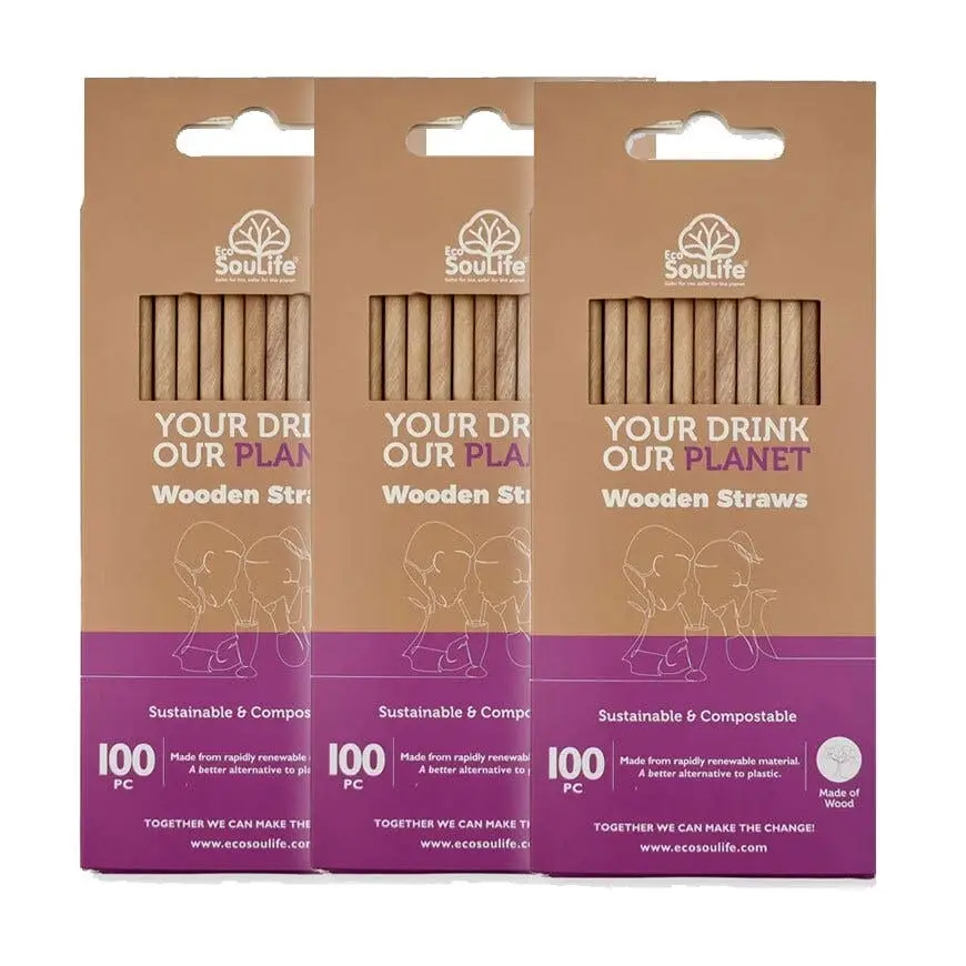 3x 100pc Eco Soulife Disposable/Compostable Biodegradable Wooden Drinking Straws - Hobbies