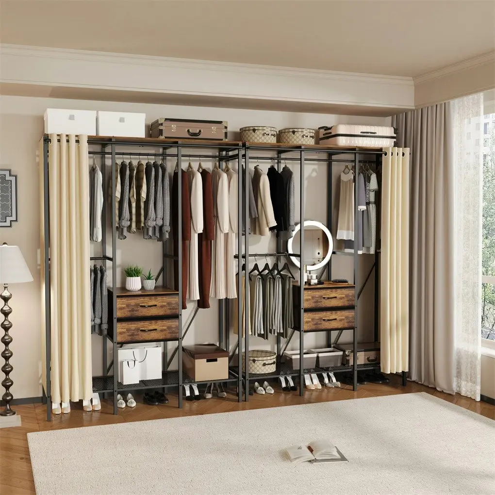 Fin Super Large Metal Clothes Wardrobe Heavy Duty Clothes Rack W 2 Drawers & Curtain - Home & Garden