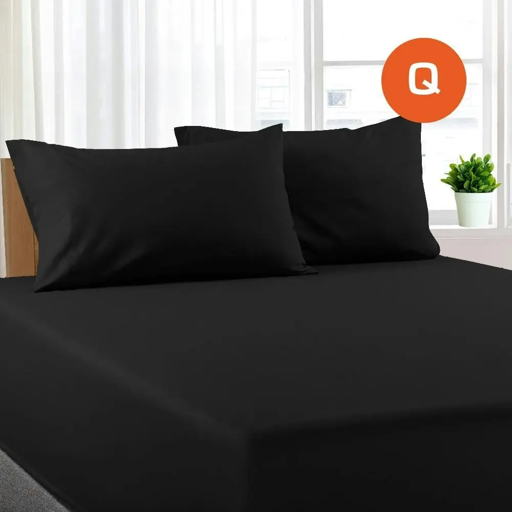 Queen Size Black Color Poly Cotton Fitted Sheet + Pillowcase - Home & Garden
