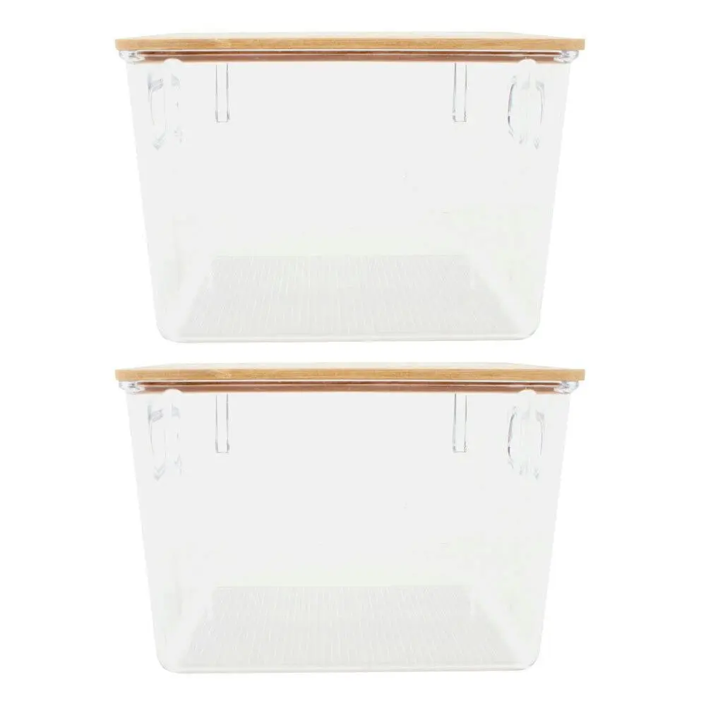 2x Home Expression 21x19cm Storage Basket w/Bamboo Lid Rectangle Organiser Clear - Home & Garden