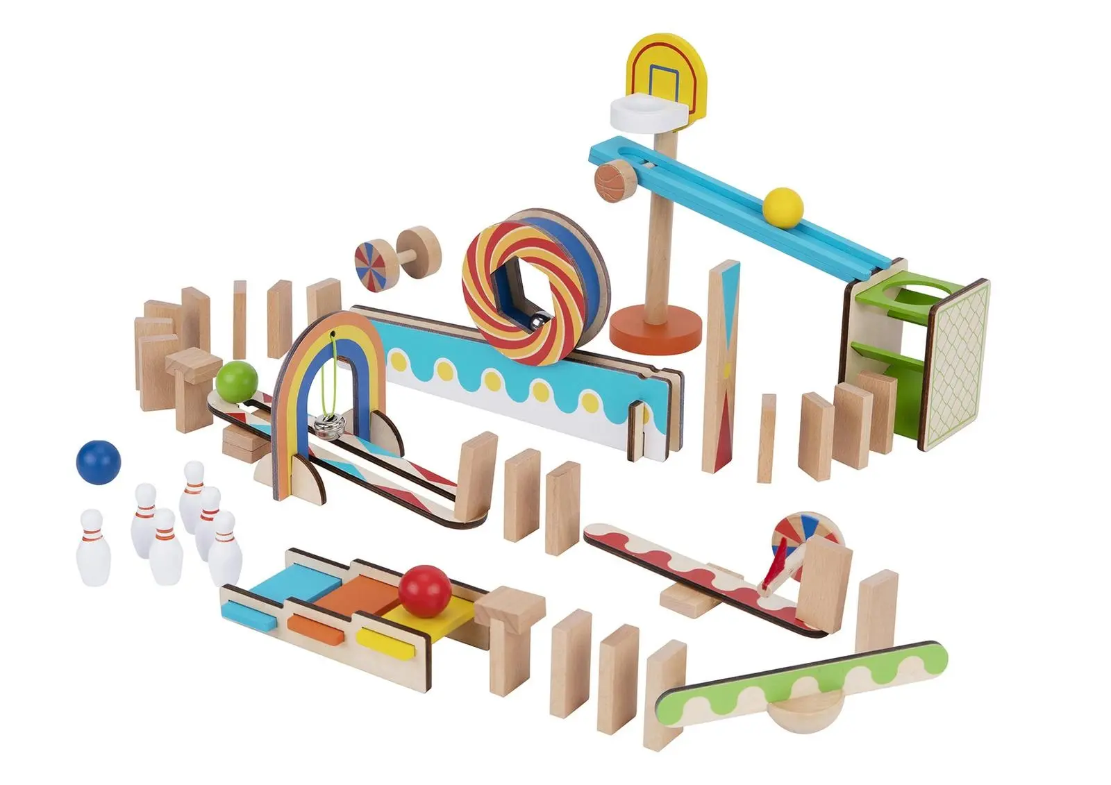 55pc Tooky Toy Domino Run Building Set Large Ramp/Roller/Step/Seesaw Kids Toy 3+ - Toys & Games