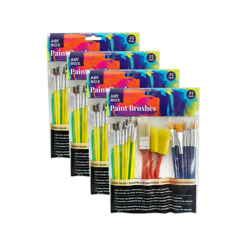 4x 25pc Art Boxd Artist Paint Brush Set Painting w/ Wooden Handle Assorted BLK - Hobbies