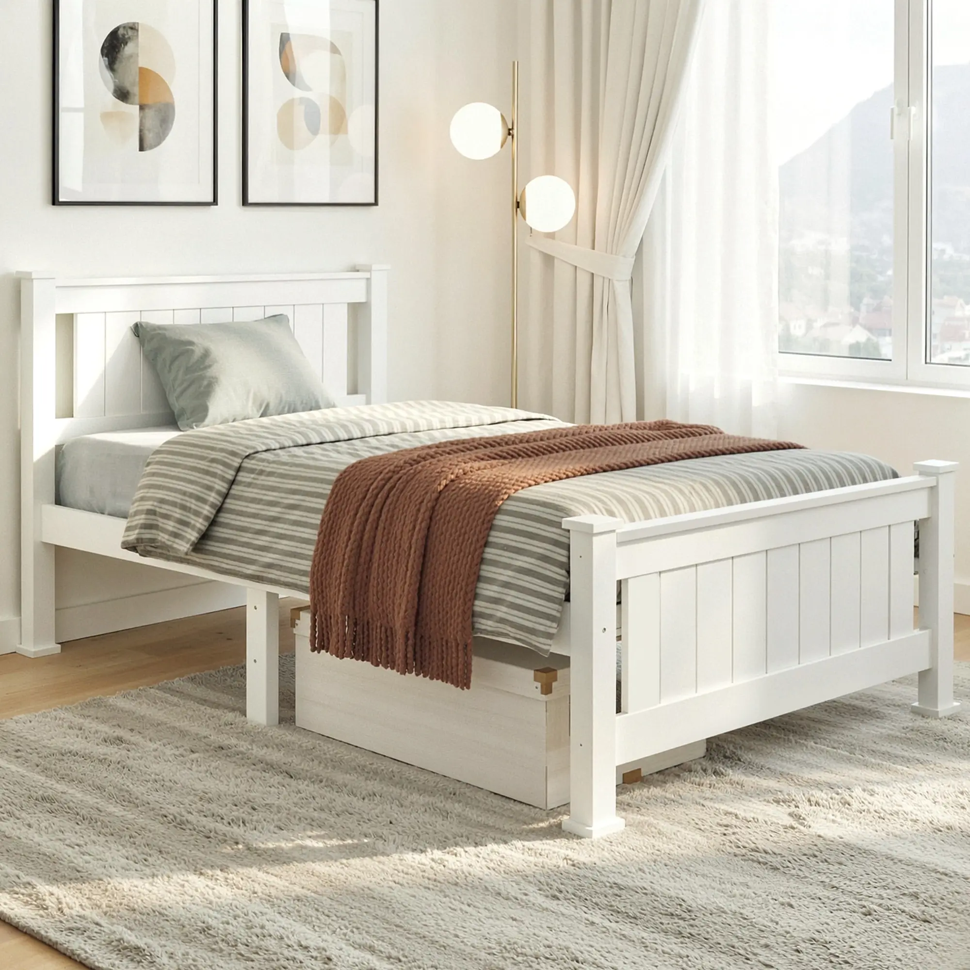 Artiss Bed Frame Single Size Wooden White RIO - Furniture