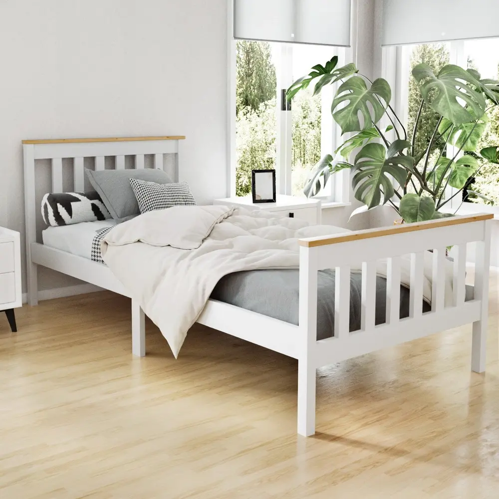 Artiss Bed Frame Single Size Wooden White PONY - Furniture
