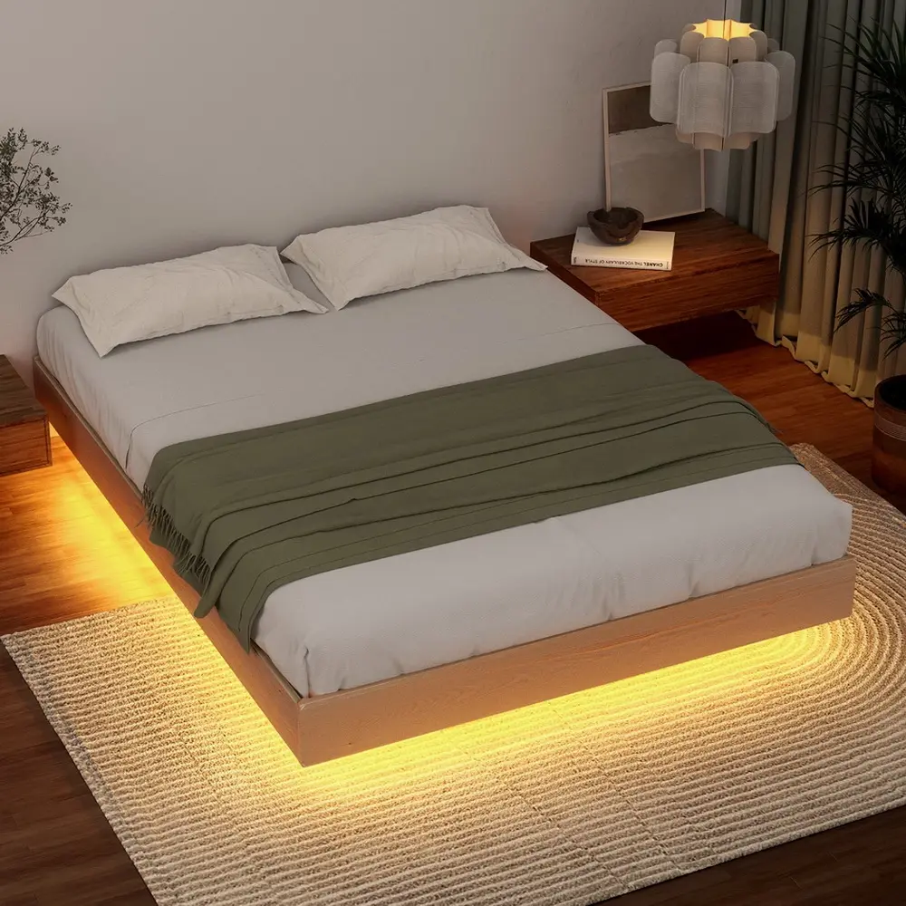 Artiss Bed Frame Queen Size Floating LED Wooden Bed Base ODIN - Furniture
