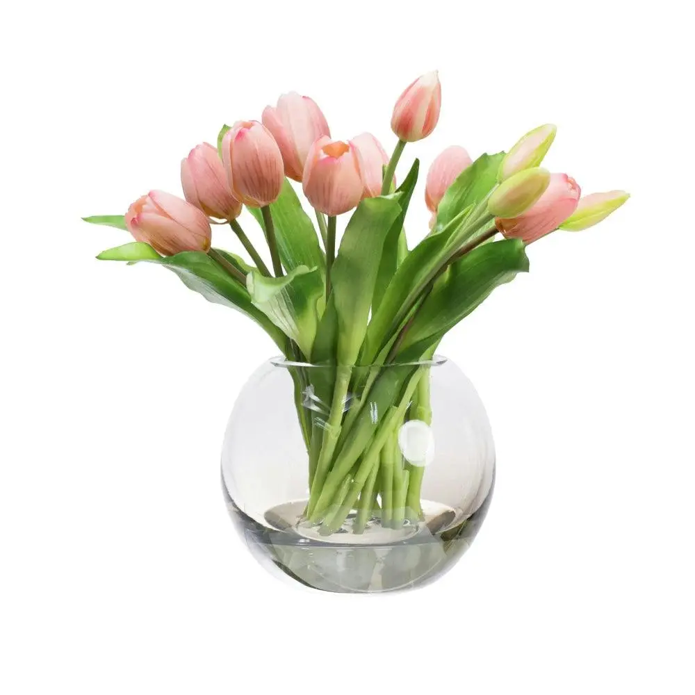 Glamorous Fusion Pink Tulip 29cm Artificial Faux Flower Plant Decorative Arrangement In Fishbowl - Home & Garden