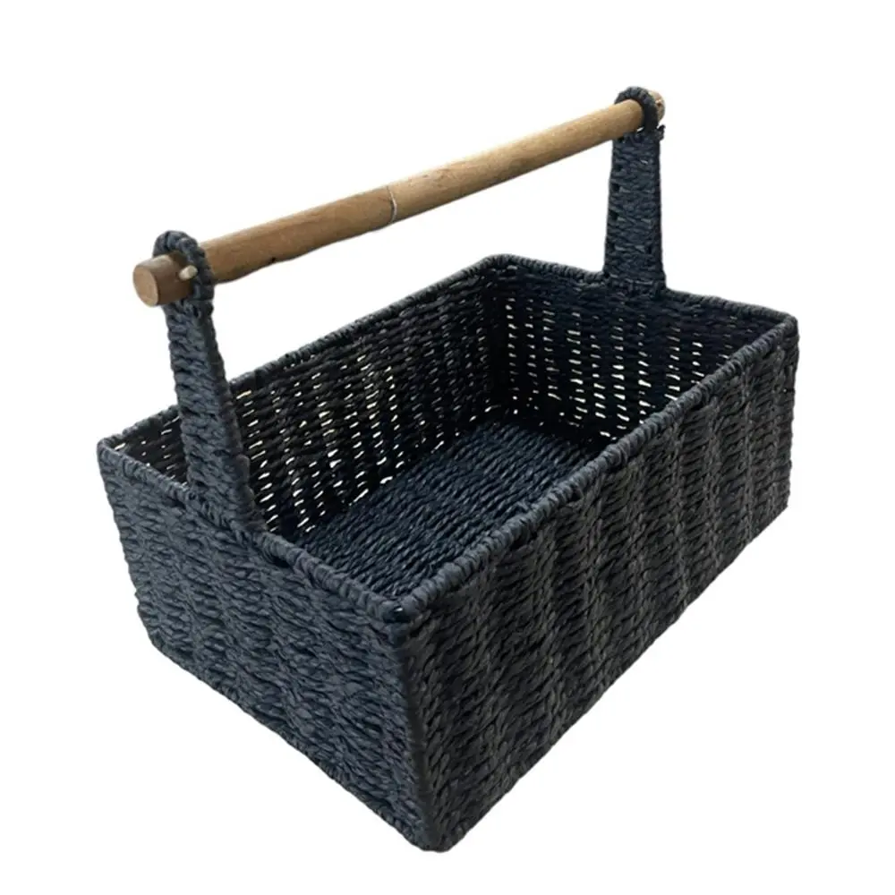 Maine & Crawford Cercy Paper Rope 30cm Organiser Basket w/ Wood Handle Black - Home & Garden