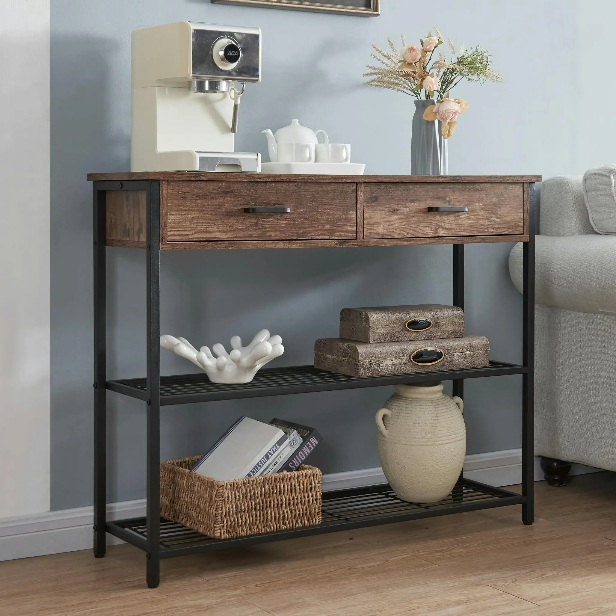 HLIVING Entryway Table with 2 Drawers, Console Table with Storage Shelves,Rustic Brown - Furniture