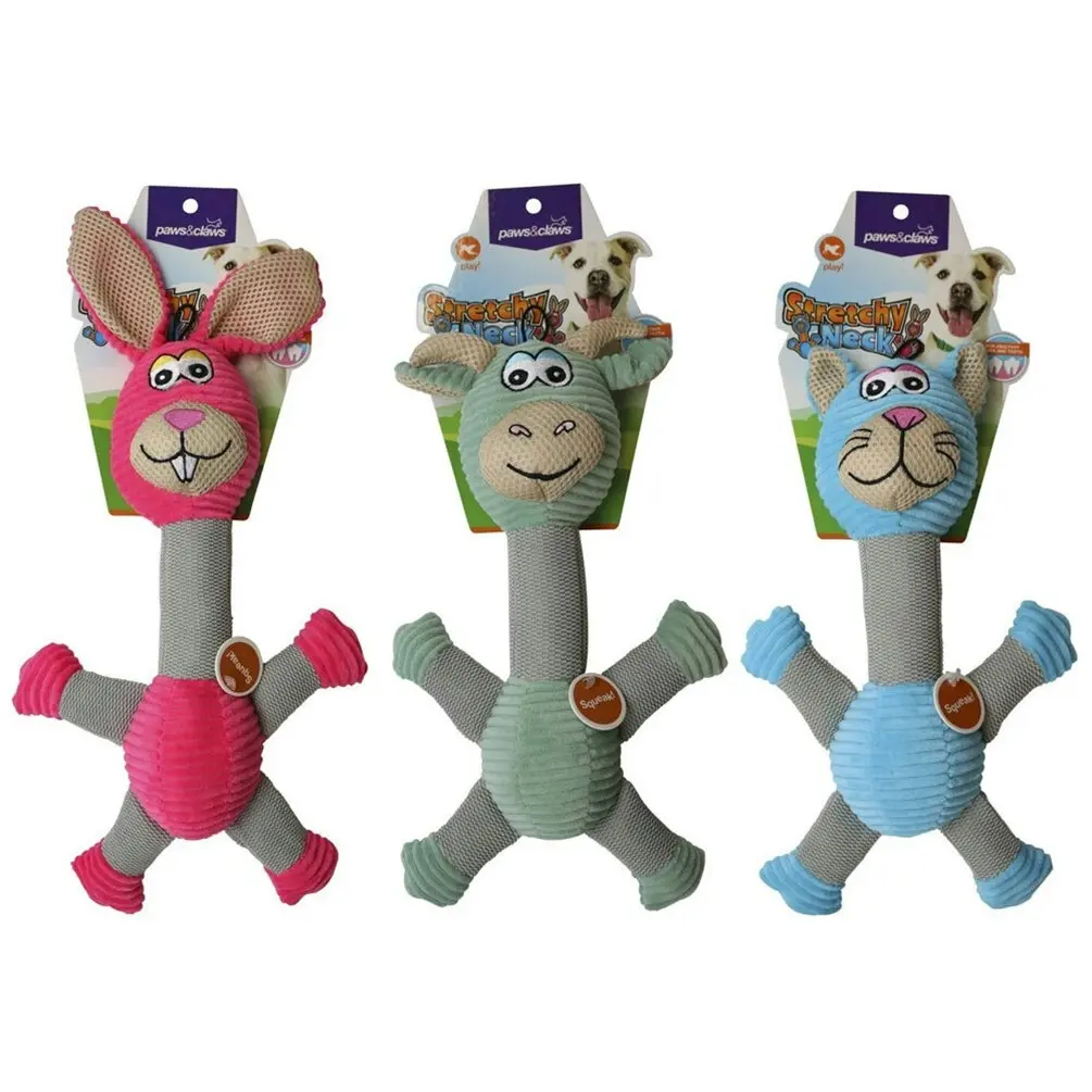 3x Paws & Claws Dog Toy 30cm Stretchy Neck Animal Pet Squeaky Stuffed Plush Asst - Pets