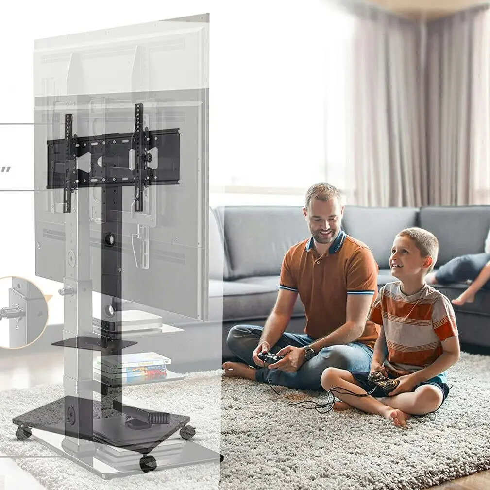 Fin Adjustable Mobile Tall Tv Stand Cart Trolley For Flat Screen 32-70" With Bracket