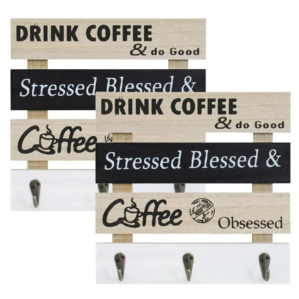 2x Hooks Coffee MDF 24cm Wall Mounted Cup/Mug Hanger/Storage Kitchen Organiser - Home & Garden