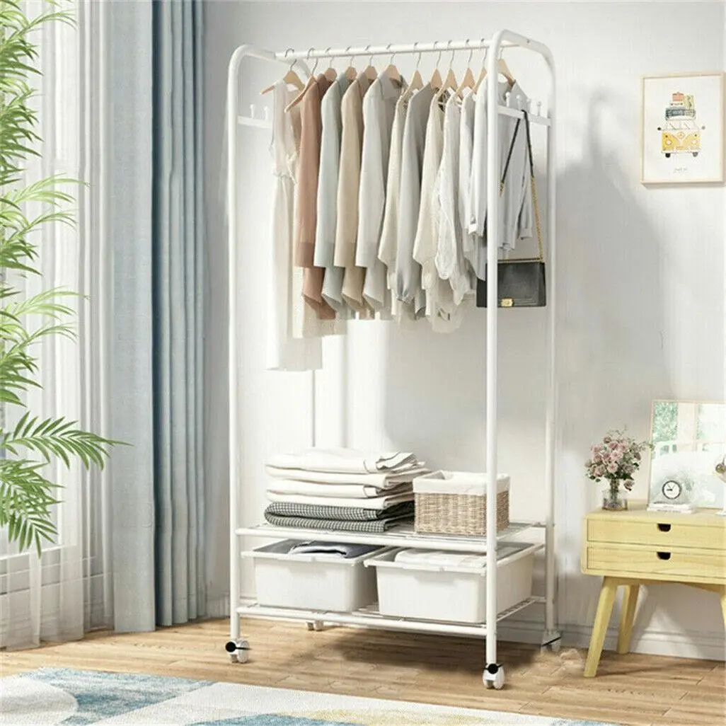 Open Wardrobe with Rolling 2-Tier Garment Rack