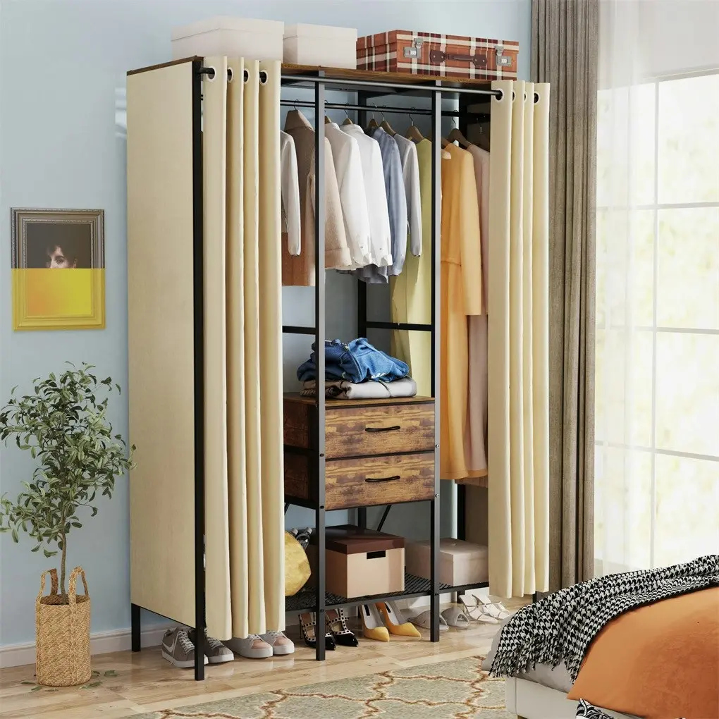 Fin Super Large Industrial Clothe Rail Rack Garment Stand Vintage Wardrobe W Curtain - Home & Garden