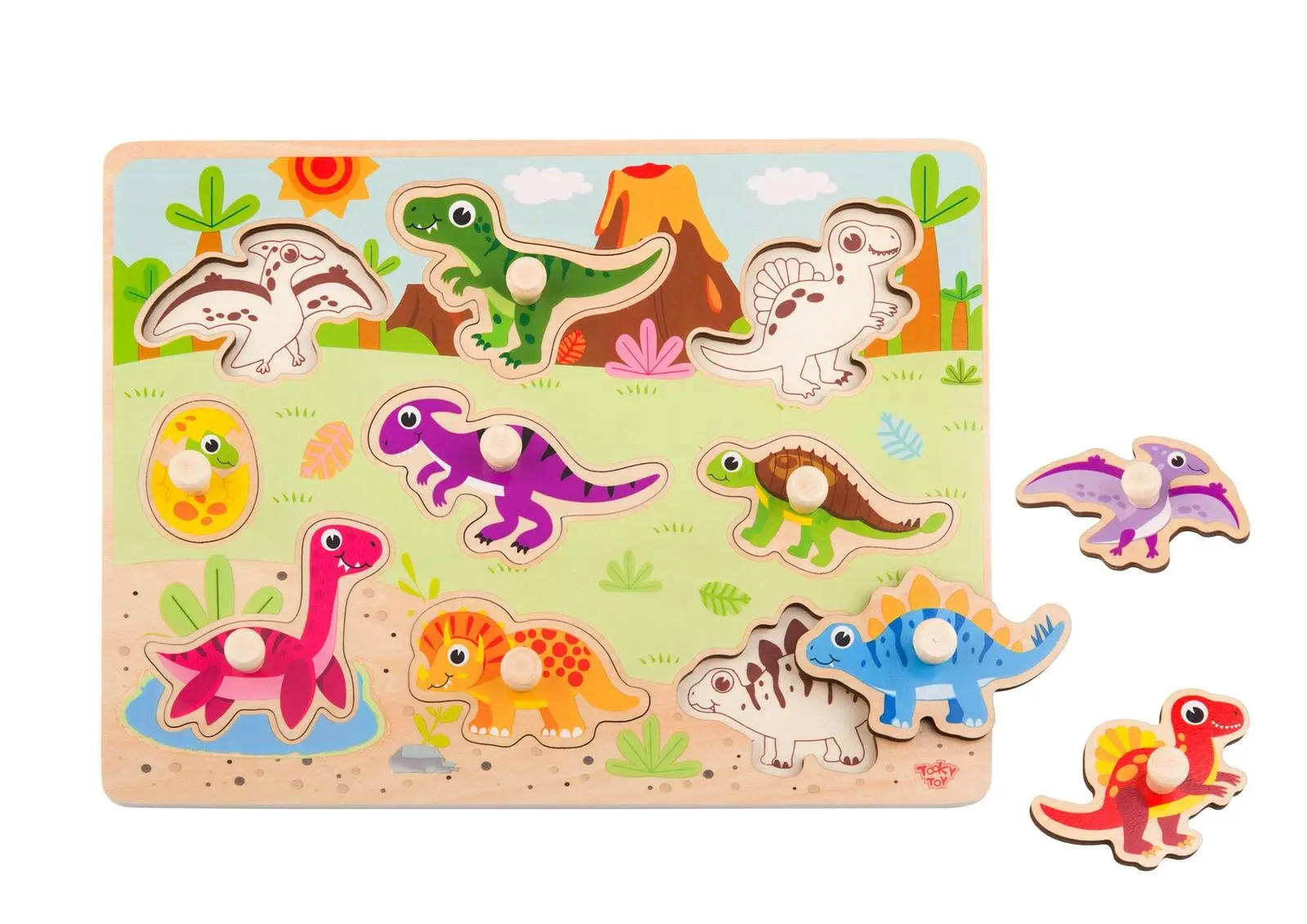 Tooky Toy Wooden Dinosaur Peg Kids/Toddler Learning Play 30cm Puzzle Board 18m+ - Toys & Games