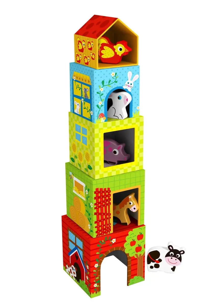 Tooky Toy Nesting Box Farm Kids/Toddler Stacking Wooden Blocks/Cubes Toy 12m+ - Toys & Games