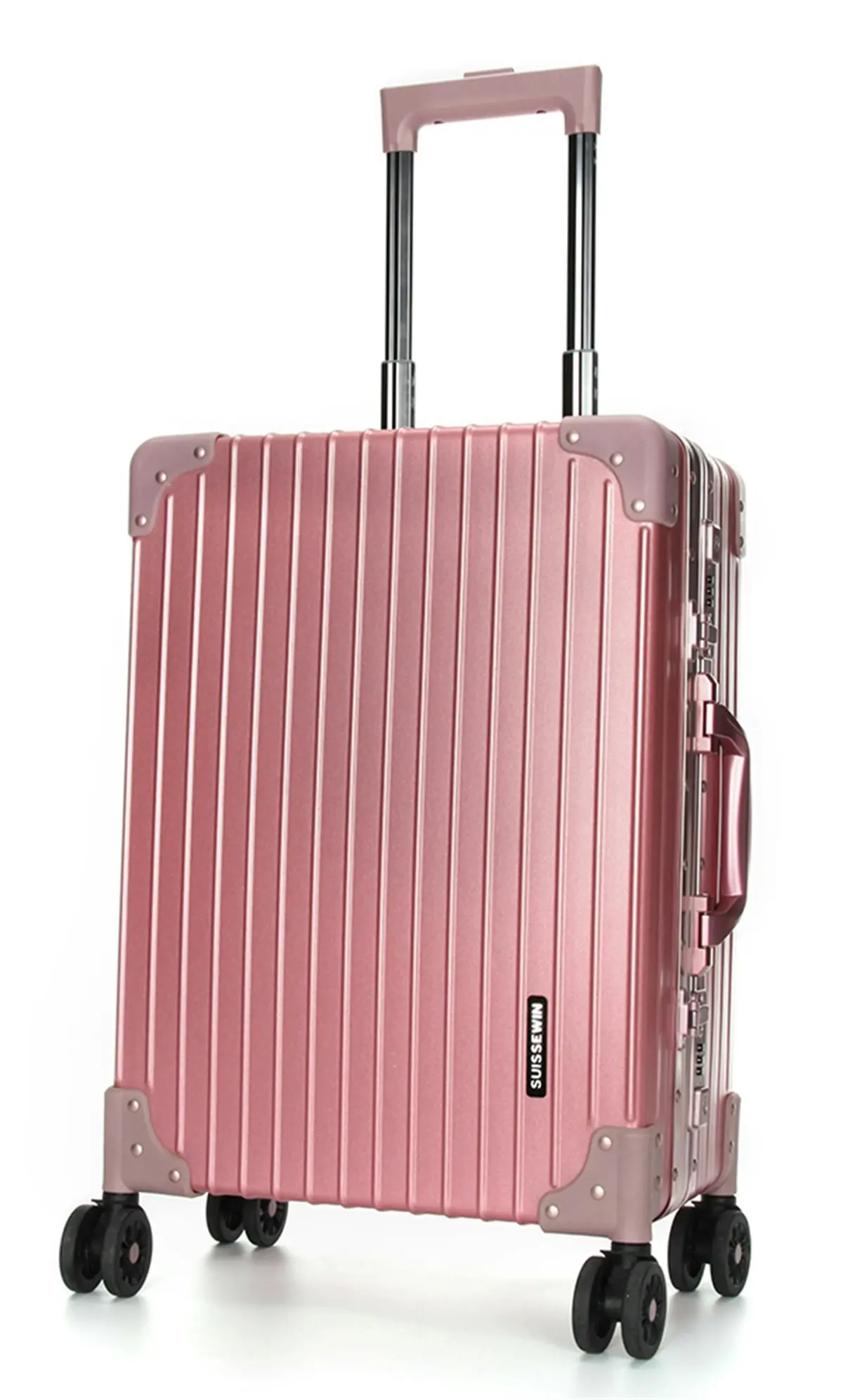 Suissewin Swiss Aluminium Luggage Suitcase Lightweight TSA Locker 8 Wheels Check in Large Hardcase SN7711B Rose Gold - Fashion
