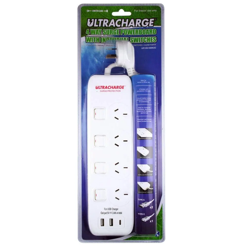UltraCharge Power Board 4 Way Switch Surge Protection w/ 3x USB 3.4A Total White - Electronics