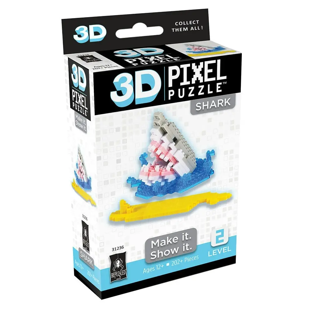Bepuzzled 202pc+ 3D Pixel Puzzles/Building Blocks/Toy/Game Kids 12y+ Shark/Board - Toys & Games