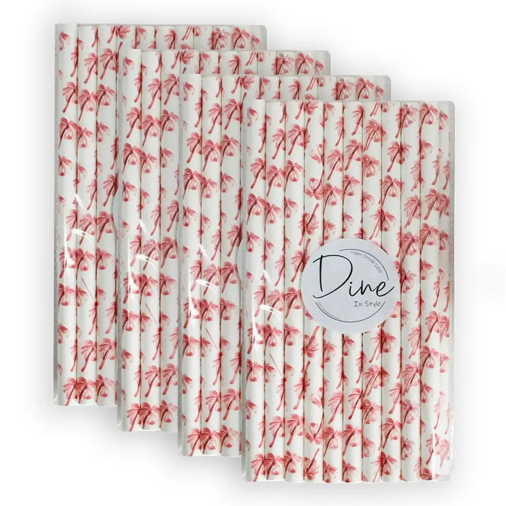 80pc Disposable 20cm Paper Drink Straw Birthday/Party Drinkware Palm Trees Pink - Hobbies