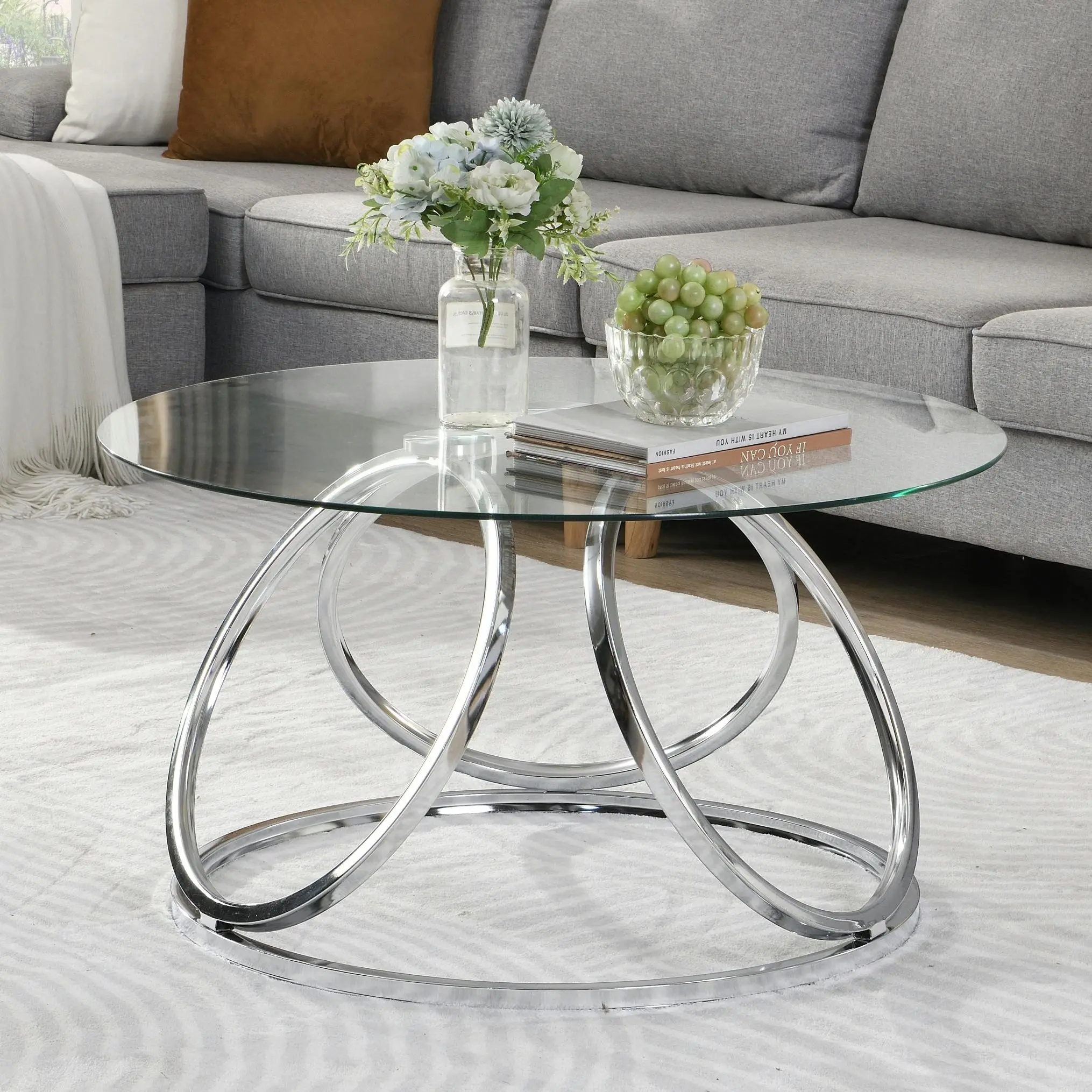 HLIVING Accent Round Coffee Table,Tempered Glass Coffee Table, Chrome Finish - Furniture