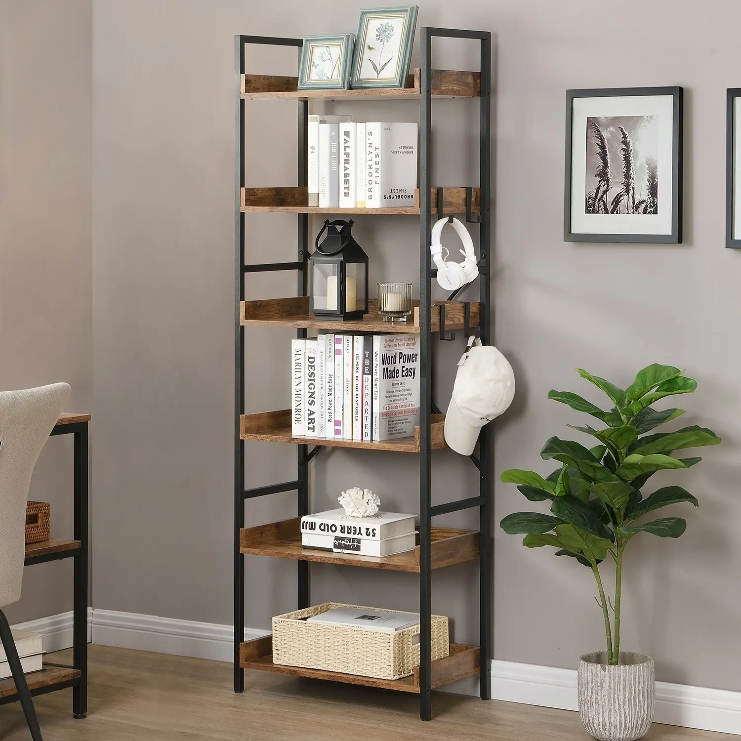 HLIVING 6 Tier Industrial Wood Bookshelf and Bookcase with 4 Hooks, Brown - Furniture