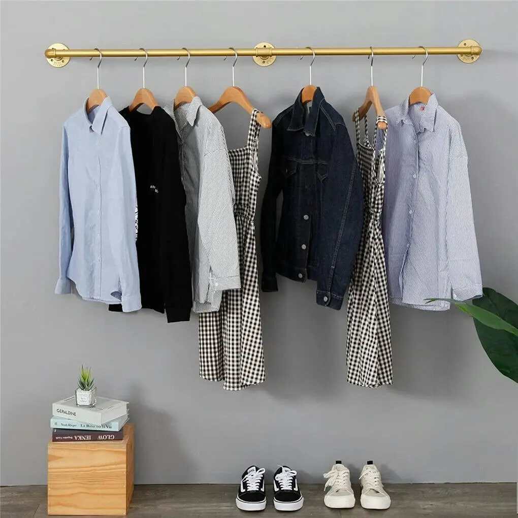 Fin Gold Strong Industrial Gold Pipe Clothing Rack Wall Ceiling Clothes Garment Rack - Home & Garden