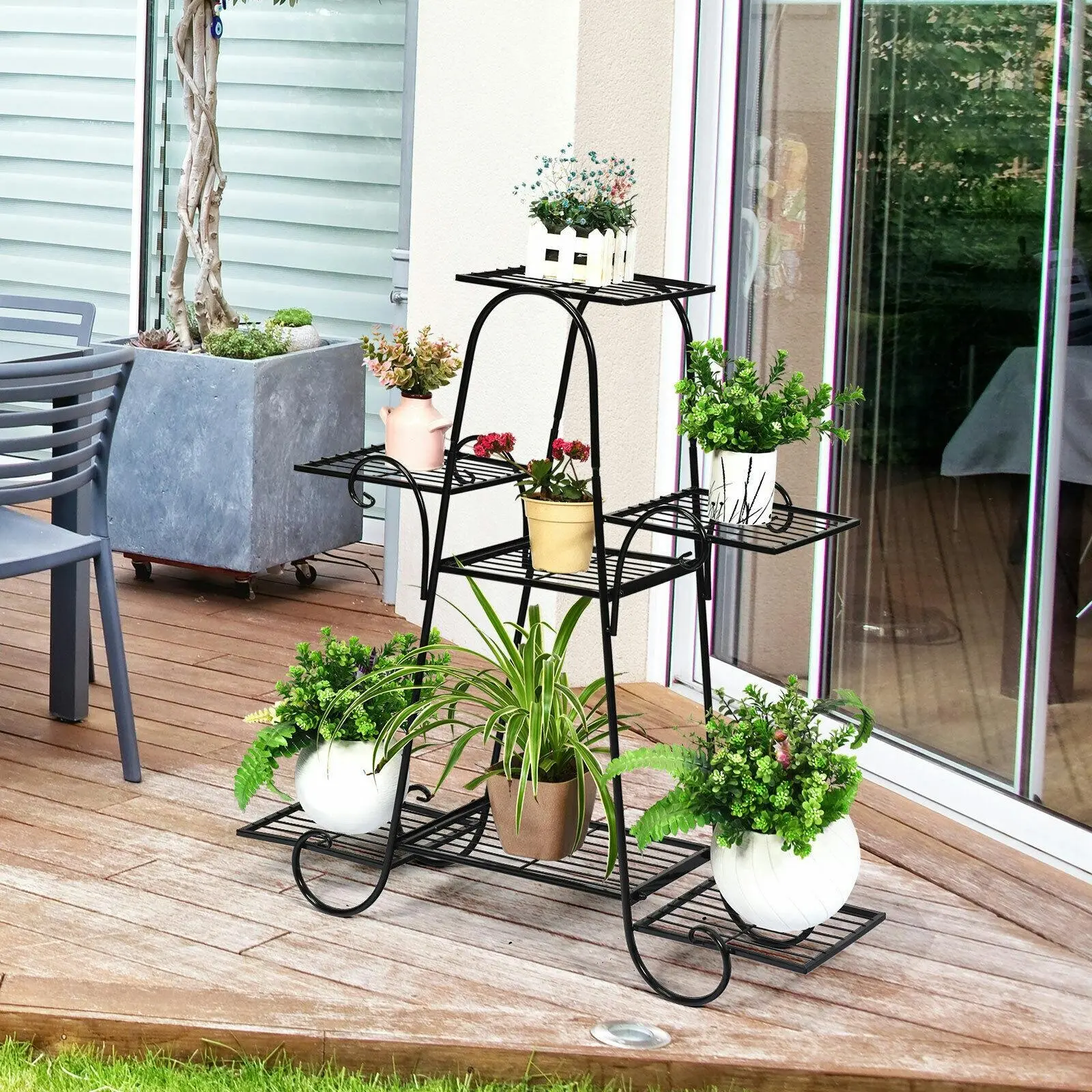Fin Plant Stand Indoor Outdoor Corner Metal Pots Shelf For Patio Garden Lawn Balcony - Home & Garden