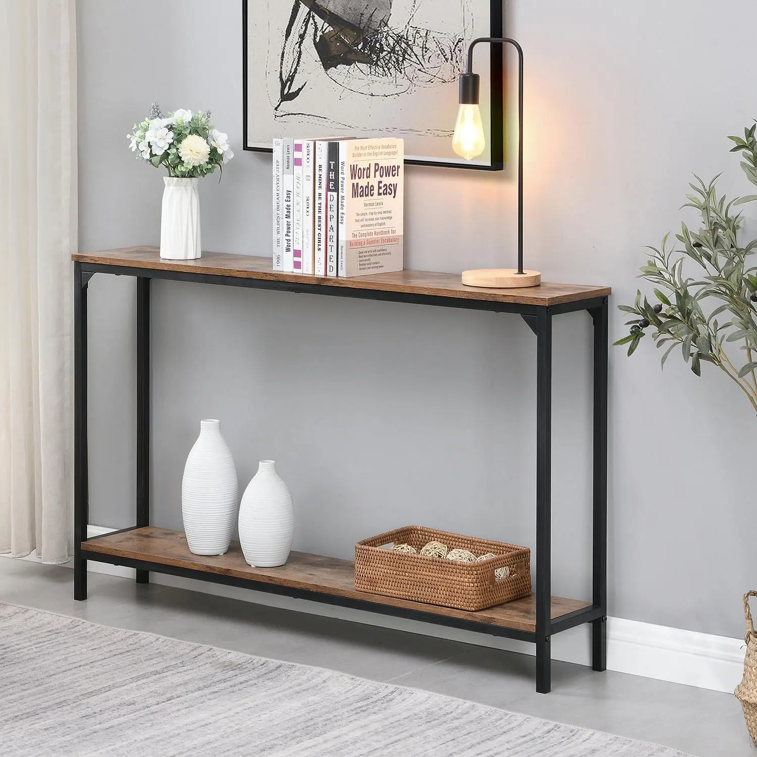 HLIVING Industrial Narrow Console Table, Skinny Entryway Sofa Table, Rustic Brown - Furniture