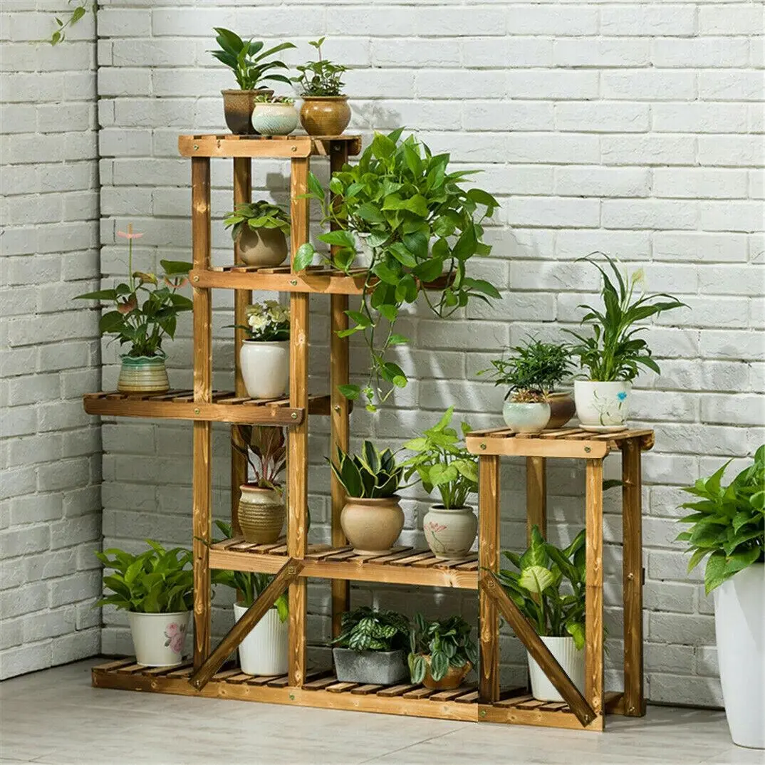 Fin Solid Wood Plant Stand Corner Flower Display Shelf Ladder Rack Fr Indoor Outdoor - Home & Garden