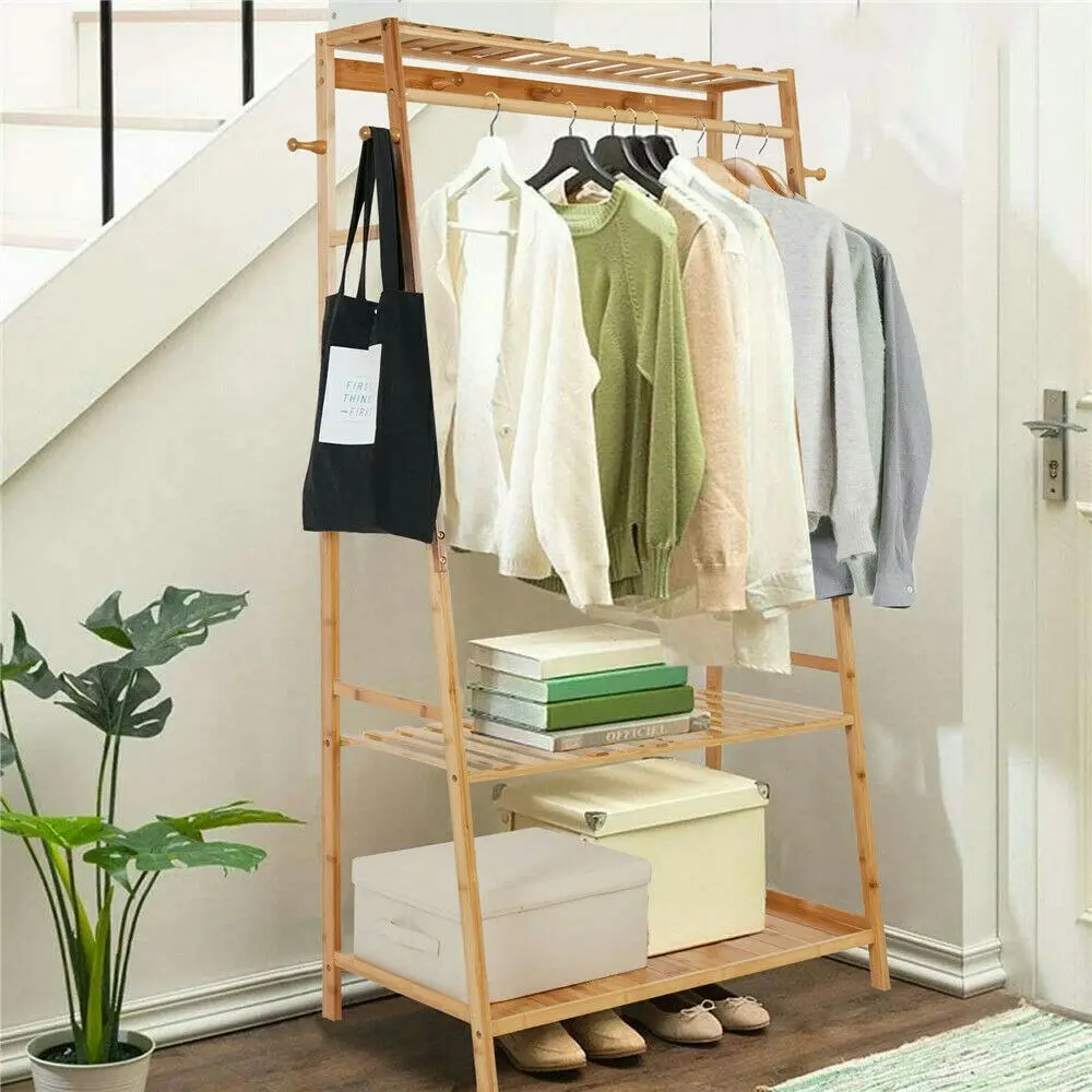Fin 3 In 1 Clothes Rail Stand With 2 Shelves Wooden Multifuctional Garment Coat Rack - Home & Garden