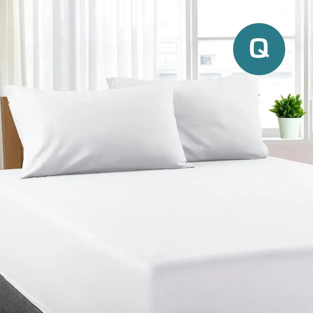 Queen Size White Color Poly Cotton Fitted Sheet + Pillowcase - Home & Garden