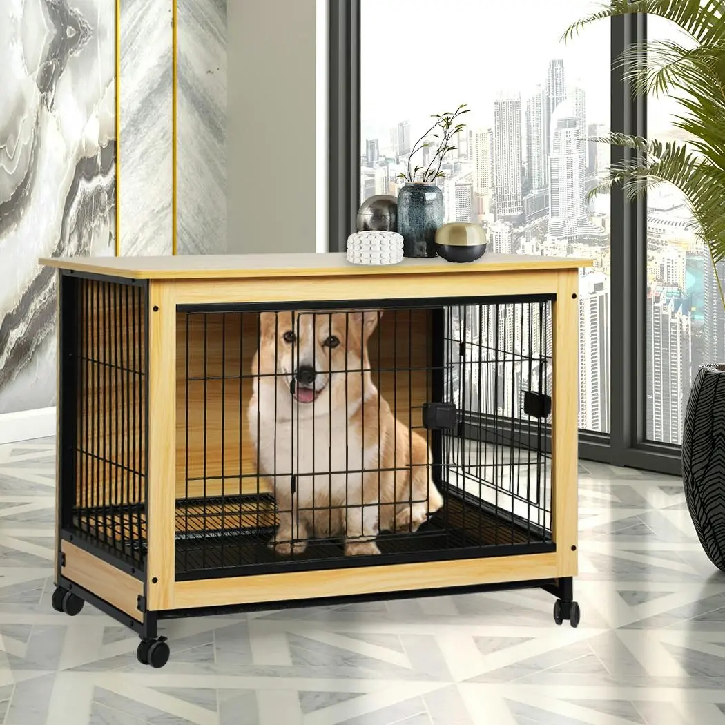 Pawz Wooden Wire Dog Kennel Side End Table Steel Puppy Crate Indoor Pet House L - Pets