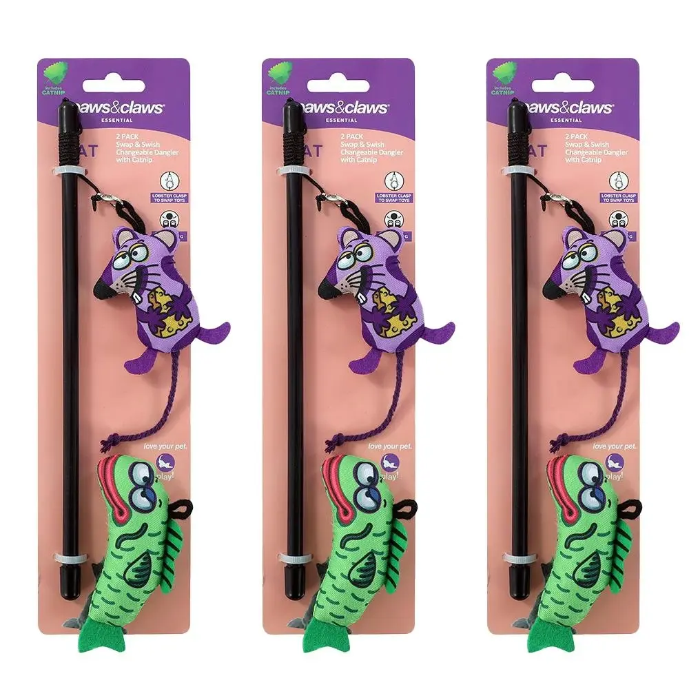3x Paws & Claws Swap/Swish Changeable Dangler Cat Play Toy w/ 25.5cm Mouse/Fish - Pets