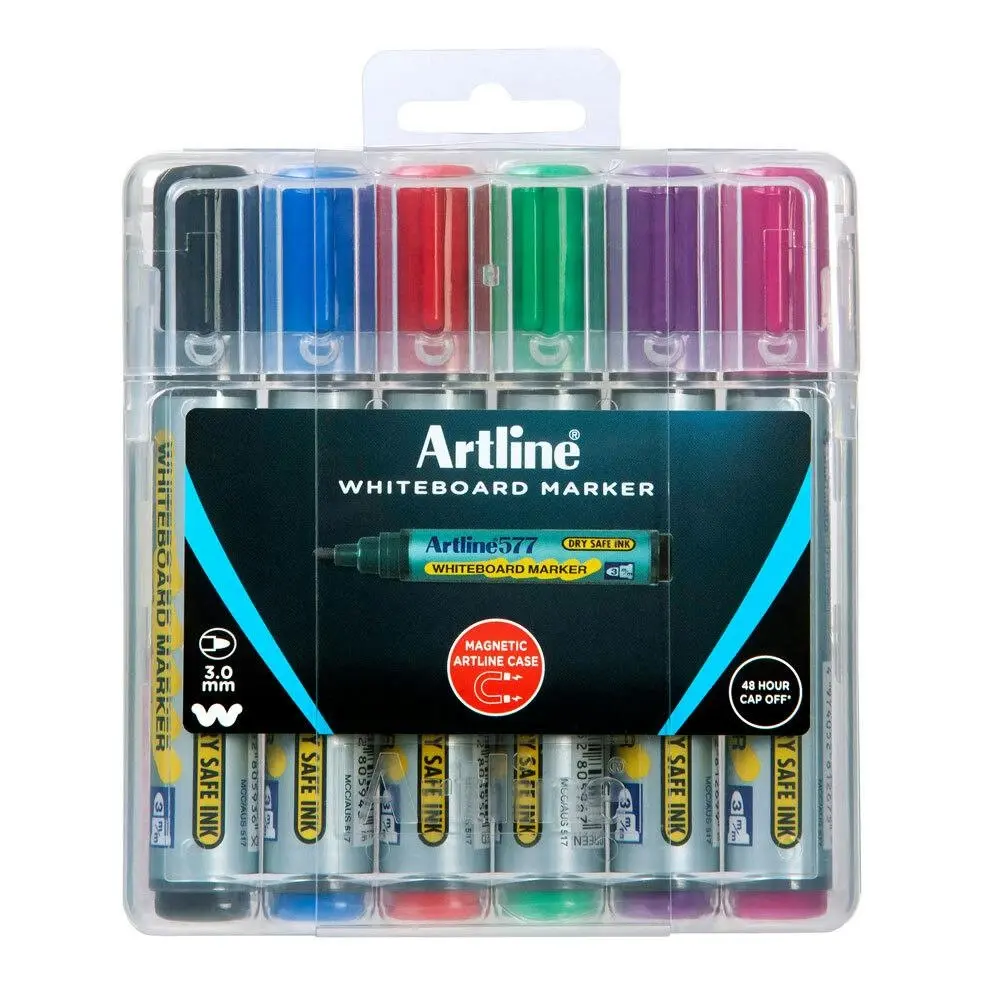 6pc Artline Whiteboard Marker Pen Bullet Nib Set w/Magnetic Case Assorted Colour - Office