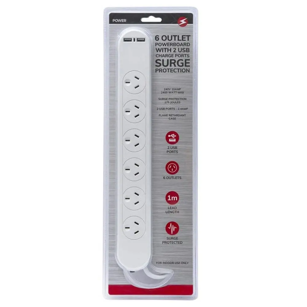 Power 6 Outlet Power Strip/2 USB Port Powerboard 1m Lead/Cord w/Surge Protection - Electronics