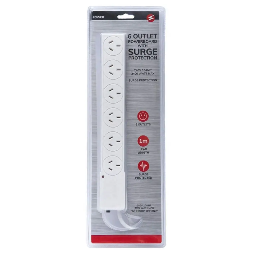 Power 6 Outlet Powerboard 1m Lead Extension Strip Socket w/ Surge Protection WHT - Electronics