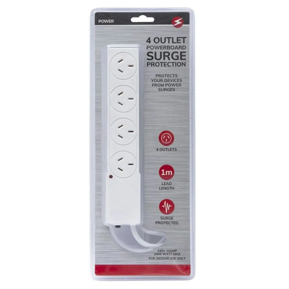 Power 4 Outlet Powerboard 1m Lead Extension Strip Socket w/ Surge Protection WHT - Electronics