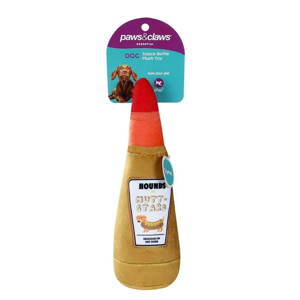 Paws & Claws Pet Dog 20x8cm Soft Plush Toy Mustard Bottle w/ Squeaker Yellow - Pets