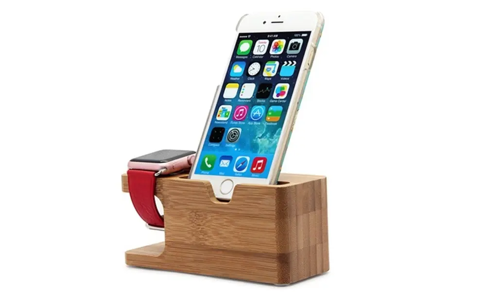 2 in 1 Bamboo Wood Charging Stand Cradle Holder for Apple Watch and iPhone - Electronics