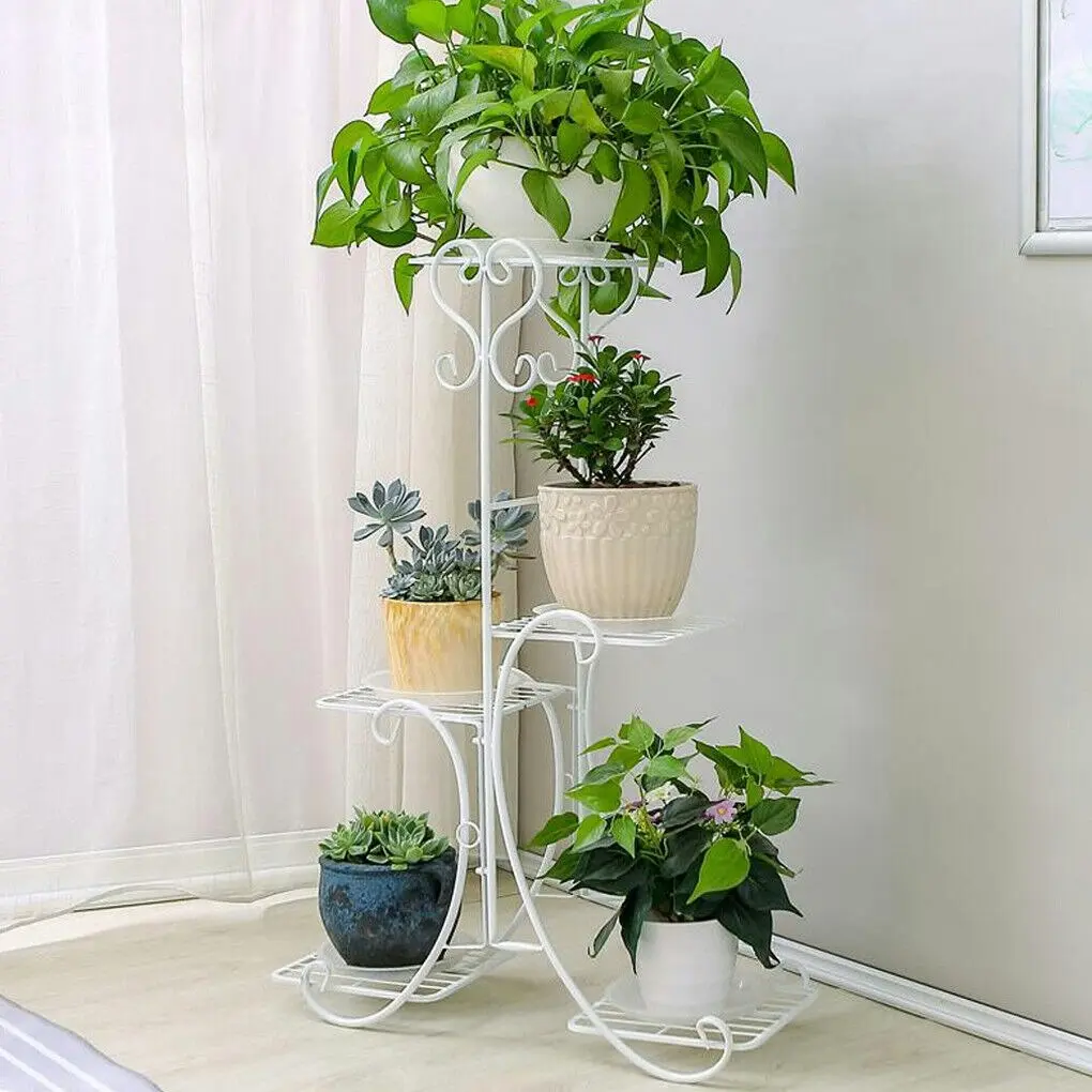 Fin Smooth Wrought Iron Multi-Tier Pots Rack Plant Stand Garden Balcony Indoor White
