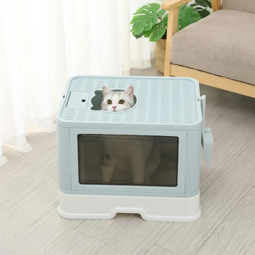 Pawz Foldable Cat Litter Box Tray Enclosed Kitty Toilet Hood Hair Grooming Blue - Pets