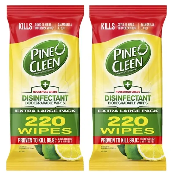 440 Pine O Cleen Disinfectant Biodegradable Wet Wipes Lemon Lime (2 x 220 Pack) - Home & Garden