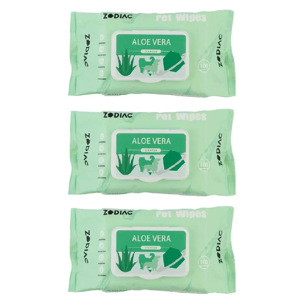3x 100pc Zodiac Aloe Vera Scented Grooming/Cleaning Pet Dog/Cat Antibac Wipes - Pets